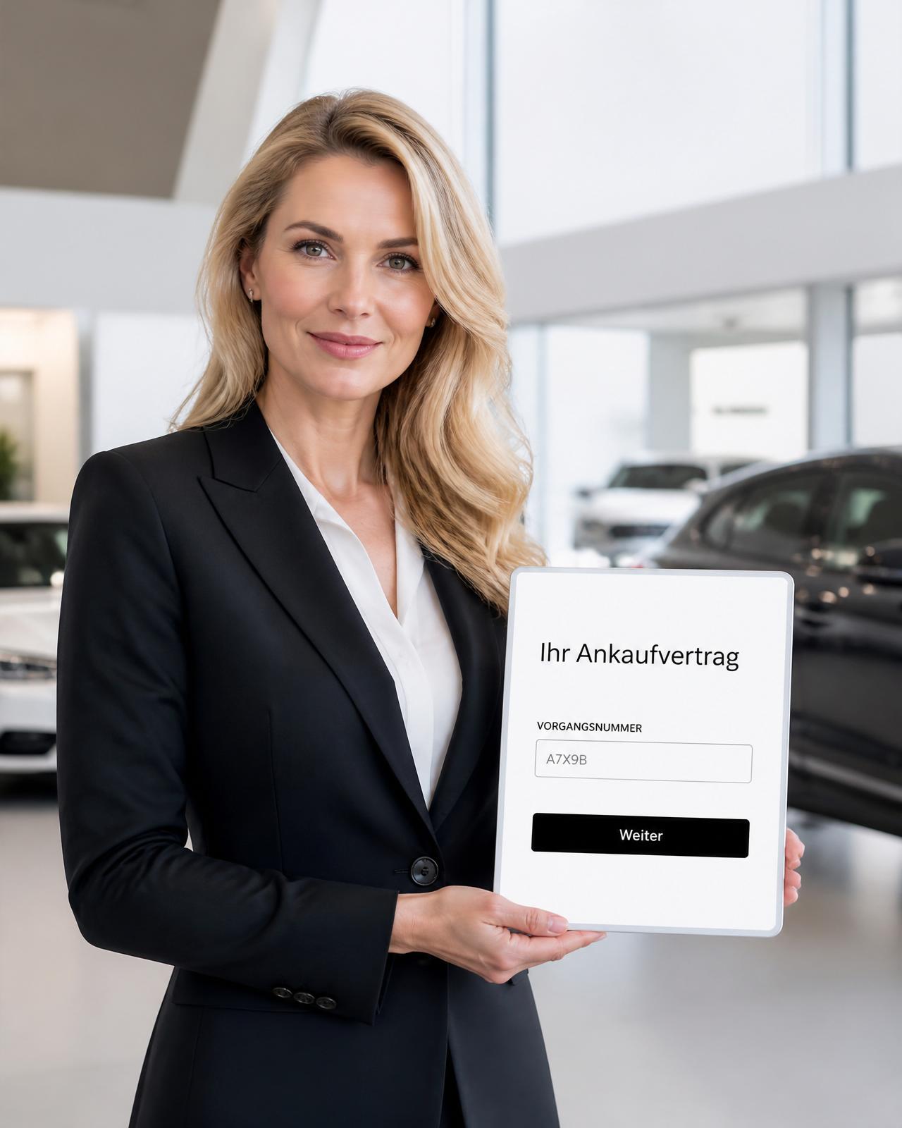 Beraterin im modernen Autohaus präsentiert den digitalen Ankaufvertrag